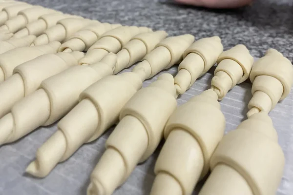 Croissants prêts à cuire dans le fournil de la boulangerie pâtisserie la Talemelerie