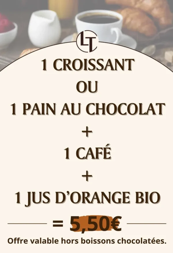 Formule petit déjeuner à la boulangerie pâtisserie La Talemelerie : 1 croissant ou 1 pain au chocolat + 1 café + 1 jus d’orange BIO
