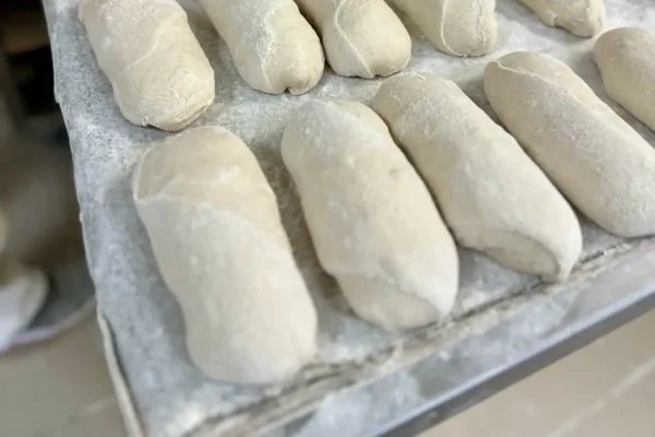 Pains prêts à cuire dans le fournil de la boulangerie pâtisserie La Talemelerie